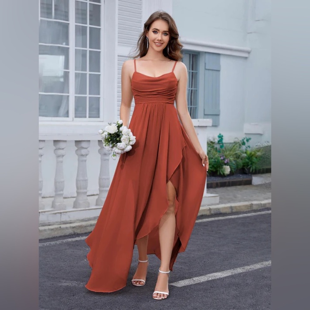 Bridesmaid Prom Dresses High Slit A Line Formal Dress with Pockets Burnt Orange
